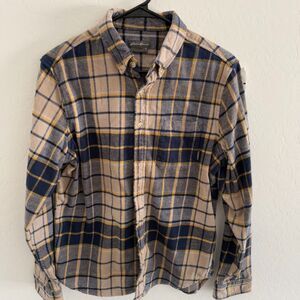 Eddie Bauer Shirt Mens Medium Tan/Blue Flannel Button Up Plaid